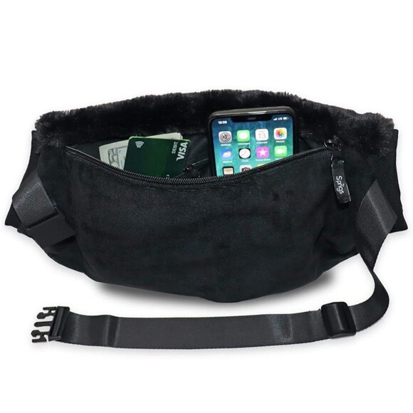 Sprigs Adjustable Black Faux Fur Hand Muff Belt Bag with Extender Soft & Warm - Picture 2 of 10